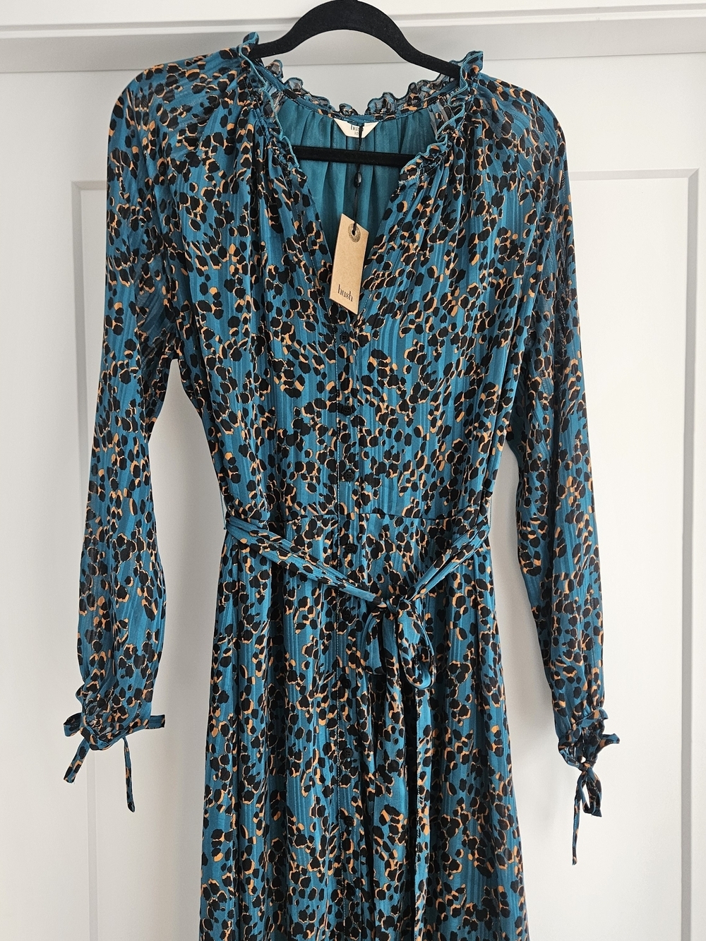 Teal Animal-Print Long Sleeve Midi Dress with Waist Tie Sz 10 - Picture 3 of 5